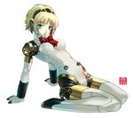  aegis_(persona) android blonde_hair blue_eyes bow breasts cameltoe medium_breasts nipples persona persona_3 ribbon robot_joints simple_background solo sonobe_kazuaki 