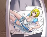  alice alice_in_wonderland apron badxend blonde_hair blue_eyes blue_panties breasts breasts_out breasts_outside card cards cosplay disney dress dress_lift garter garters kingdom_hearts kingdom_hearts_ii mouth namine nipples open panties underwear 