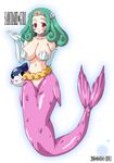  blush breasts d_kurouri elbow_gloves gloves green_hair highres huge_breasts long_hair lulu_(magipoka) mermaid monster_girl purple_eyes renkin_san-kyuu_magical_pokaan shell shell_bikini smile solo split_tail white_gloves 