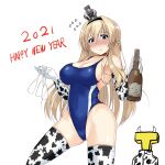  1boy 1girl 2021 absurdres alcohol animal_print blonde_hair blue_eyes blue_swimsuit blush bottle braid breasts cleavage commentary_request competition_swimsuit cow_print cowboy_shot cup drinking_glass elbow_gloves french_braid gloves happy_new_year highleg highleg_swimsuit highres holding kantai_collection kinakomochi_(testament05) long_hair looking_at_viewer medium_breasts new_year nose_blush one-piece_swimsuit simple_background solo_focus swimsuit t-head_admiral thighhighs warspite_(kancolle) white_background white_gloves white_legwear wine wine_glass 