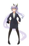  1girl absurdly_long_hair alternate_costume azur_lane black_footwear black_legwear blue_jacket blue_skirt clipboard closed_mouth collared_shirt commentary_request full_body glasses hands_on_hips highres jacket legs_apart long_hair looking_at_viewer pantyhose pencil_skirt pigeon-toed pointer ponytail red-framed_eyewear semi-rimless_eyewear shirt silver_hair simple_background siren_(azur_lane) siren_purifier_(azur_lane) skirt smile solo standing striped striped_shirt teacher very_long_hair white_background white_shirt yellow_eyes yohia 