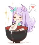  1girl animal_ears aqua_bow artist_name blush bow bowl chibi chopsticks closed_eyes closed_mouth ear_bow eating eyebrows_visible_through_hair heart highres holding holding_chopsticks horse_ears horse_girl horse_tail long_hair mejiro_mcqueen_(umamusume) mochi nut_megu purple_hair shiruko_(food) signature simple_background smile solo sparkle tail thought_bubble umamusume white_background 