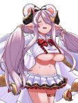  1girl alternate_costume blue_eyes braid breasts cosplay draph granblue_fantasy hair_over_one_eye highres large_breasts light_purple_hair long_bangs long_hair low_tied_hair narmaya_(granblue_fantasy) navel purple_hair shirt single_braid skirt solo teriton underboob vikala_(granblue_fantasy) vikala_(granblue_fantasy)_(cosplay) white_shirt white_skirt 