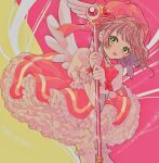  1girl antenna_hair bow brown_hair cardcaptor_sakura dress frilled_dress frills fuuin_no_tsue gloves green_eyes highres kinomoto_sakura leaning_forward magical_girl open_mouth petticoat pink_dress pink_headwear puffy_short_sleeves puffy_sleeves red_bow short_hair short_sleeves smile solo symbol-only_commentary thighhighs too_many too_many_frills wand wasure_(ponmg402) white_bow white_gloves white_legwear white_wings wings 