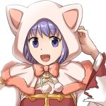  1girl :d animal_hood arch_bishop_(ragnarok_online) bangs bow bowtie cat_hood cleavage_cutout clothing_cutout commentary_request cross dress eyebrows_visible_through_hair hood juliet_sleeves long_sleeves looking_at_viewer natsuya_(kuttuki) open_mouth pink_bow pink_bowtie pink_hood puffy_sleeves purple_eyes purple_hair ragnarok_online short_hair simple_background smile solo two-tone_dress upper_body white_background white_dress 