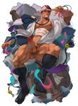  1boy absurdres ass_visible_through_thighs bara bare_pectorals bead_necklace beads blush censored covered_abs crow_(siranui) dark-skinned_male dark_skin erection facial_hair full_body goatee hachimaki happi headband highres japanese_clothes jewelry kimono kneehighs large_pectorals magic male_focus mature_male midriff_sarashi mosaic_censoring muscular muscular_male navel necklace nipples no_pants open_clothes open_kimono original pectorals red_hair sarashi scar scar_on_cheek scar_on_face short_hair sideburns solo thick_eyebrows thick_thighs thighs white_kimono 