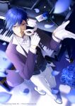  1boy blue_eyes blue_flower blue_hair blue_rose carnival_mask commentary_request flower formal from_above gloves hands_up highres holding holding_mask instrument kaito_(vocaloid) letter long_sleeves male_focus mask miku_symphony_(vocaloid) nokuhashi petals piano ribbon rose short_hair smile solo suit vocaloid 