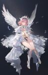  1girl absurdres angel_wings bangs bare_legs boots braid breasts cleavage closed_mouth dress feathered_wings feathers floating flower full_body high_heels highres light_particles looking_at_viewer medium_breasts medium_hair okku original pink_hair smile solo thigh_gap white_dress white_footwear wings 