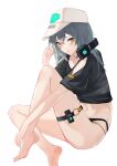  1girl absurdres antonina_(girls&#039;_frontline_nc) bangs bare_legs barefoot baseball_cap black_shirt blush clothing_cutout commentary_request crop_top girls&#039;_frontline girls&#039;_frontline_neural_cloud grey_hair hair_between_eyes hand_up hat headphones headphones_around_neck highres knee_up long_hair looking_at_viewer midriff navel o-ring shirt short_sleeves shoulder_cutout simple_background sitting solo stomach thigh_strap thighs white_background white_headwear xiaobei yellow_eyes 