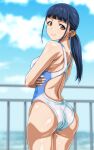  1girl ass bangs black_hair blue_sky blunt_bangs blurry blurry_background brown_eyes cloud commentary_request competition_swimsuit cowboy_shot day long_hair looking_at_viewer looking_back low_ponytail monteriakitto one-piece_swimsuit original outdoors sky smile solo standing swimsuit white_swimsuit 