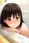  1girl absurdres bangs bathing bathtub black_hair blush brown_eyes closed_mouth completely_nude eyebrows_visible_through_hair highres indoors long_hair looking_at_viewer matsunaga_kouyou nude original smile solo upper_body wet 