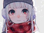  1girl absurdres bangs black_headwear blunt_bangs commentary_request earmuffs grey_background grey_hair hat highres knit_hat looking_at_viewer original pentagram plaid plaid_scarf red_scarf ritao_kamo scarf shapes simple_background solo star_(symbol) triangle 