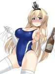  1girl alcohol blonde_hair blue_eyes blue_swimsuit blush bottle braid breasts cleavage commentary_request competition_swimsuit cowboy_shot cup drinking_glass elbow_gloves french_braid gloves highleg highleg_swimsuit highres holding kantai_collection kinakomochi_(testament05) long_hair looking_at_viewer medium_breasts nose_blush one-piece_swimsuit simple_background solo swimsuit thighhighs warspite_(kancolle) white_background white_gloves white_legwear wine wine_glass 