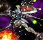  asteroid beam_rifle commentary energy_ball energy_gun explosion funnels gundam gundam_age gundam_legilis hiropon_(tasogare_no_puu) light_particles looking_at_viewer mecha mobile_suit no_humans photo_background science_fiction shield solo space star_(sky) weapon wings 