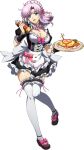  1girl :d apron black_shirt black_skirt blue_eyes bow bowtie breasts brown_footwear choker cleavage floating_hair food footwear_bow frilled_skirt frilled_sleeves frills full_body hair_intakes hair_ribbon head_tilt highres holding holding_plate langrisser large_breasts long_hair looking_at_viewer maid_headdress miniskirt narm_(langrisser) neck_ribbon official_art omurice pink_bow pink_bowtie pink_hair pink_ribbon plate ribbon shiny shiny_hair shiny_skin shirt short_sleeves skirt smile solo standing standing_on_one_leg striped striped_bow striped_bowtie thighhighs transparent_background waist_apron white_apron white_choker white_legwear 
