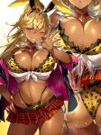  1girl absurdres animal_ears blonde_hair breasts cheetah_print cleavage dark-skinned_female dark_skin fingers_to_mouth grin gyaru handjob_gesture highleg highres large_breasts lips looking_at_viewer original plaid playboy_bunny rabbit_ears senri_gan smile solo thong yellow_eyes 