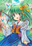  1girl :d blue_dress blue_sky bow bowtie bug butterfly cowboy_shot daiyousei day dress eyebrows_visible_through_hair fairy_wings flower frilled_bowtie frilled_shirt_collar frills glowing_butterfly green_eyes green_hair green_theme hair_ribbon juliet_sleeves layered_clothing long_sleeves looking_at_viewer marker_(medium) medium_hair open_mouth orange_bow orange_bowtie orange_ribbon outdoors puffy_sleeves purple_flower ribbon rui_(sugar3) sample sky smile solo touhou traditional_media tree wide_sleeves wings 