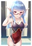  1girl bangs blue_hair blue_lips blunt_bangs borrowed_character breasts collarbone commentary_request commission competition_swimsuit covered_nipples elf glasses highres kuuron leaning_forward lips looking_at_viewer medium_breasts mizuno multicolored_clothes multicolored_swimsuit one-piece_swimsuit original pointy_ears red-framed_eyewear red_eyes skeb_commission solo swimsuit thigh_gap 