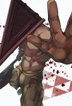  1boy abs bara blood blood_splatter clothes_down crow_(siranui) foot_out_of_frame foreshortening from_above helmet highres holding holding_weapon large_pectorals male_focus mature_male muscular muscular_male navel nipples open_hand pants pectorals perspective pyramid_head silent_hill_2 solo stomach topless_male weapon yellow_pants 