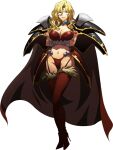  1girl armor bikini_armor blonde_hair blue_eyes boobplate breasts brown_cape cape cleavage closed_mouth crossed_arms curly_hair facial_mark faulds full_body fur-trimmed_legwear fur_trim garter_straps hair_intakes high_heels highleg highleg_panties highres imelda_(langrisser) langrisser langrisser_ii large_breasts long_hair looking_at_viewer mole mole_under_mouth official_art panties red_legwear red_nails red_panties shiny shiny_skin shoulder_armor solo standing transparent_background underwear 