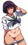  1girl ass_visible_through_thighs black_hair blush breasts closed_mouth collarbone em_(totsuzen_no_hakike) eyebrows_visible_through_hair girls_und_panzer green_eyes grey_panties hoshino_(girls_und_panzer) large_breasts looking_at_viewer navel ooarai_school_uniform panties panty_pull school_uniform shiny shiny_hair shiny_skin short_hair simple_background solo standing tan tanlines underwear white_background 
