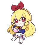  1girl :t aikatsu! aikatsu!_(series) bangs blonde_hair blue_jacket boots bowl chibi chopsticks closed_mouth commentary eating eyebrows_visible_through_hair food food_on_face full_body hair_between_eyes hair_ribbon hairband hitomiz holding holding_bowl holding_chopsticks hoshimiya_ichigo jacket long_hair long_sleeves looking_at_viewer pleated_skirt red_eyes red_hairband red_ribbon ribbon rice rice_bowl rice_on_face simple_background skirt solo symbol-only_commentary very_long_hair white_background white_footwear white_skirt 