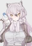  1girl animal_ears arctic_wolf_(kemono_friends) blush don3 elbow_gloves eyebrows_visible_through_hair gloves grey_hair grey_jacket jacket kemono_friends long_hair looking_at_viewer multicolored_hair open_clothes open_jacket plaid_trim scarf shirt snowman solo white_gloves white_hair white_scarf white_shirt wolf_ears wolf_girl yellow_eyes 