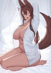  1girl abs animal_ears arms_up barefoot breasts brown_eyes brown_hair clothes_lift collared_shirt commentary_request curtains dark-skinned_female dark_skin dress_shirt fox_ears fox_girl fox_tail franham full_body hair_between_eyes hand_on_own_arm highres huge_breasts indoors looking_at_viewer naked_shirt on_bed one_eye_closed open_clothes open_mouth open_shirt original seiza shirt shirt_lift sitting solo stretch tail tail_lift teeth unbuttoned upper_teeth 
