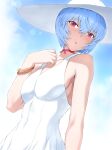  1girl ayanami_rei bangs blue_hair blush bracelet breasts choker cloud collarbone dress eyebrows_visible_through_hair hat highres jewelry medium_breasts mogudan neon_genesis_evangelion parted_lips red_eyes short_hair sky solo sun_hat sundress 