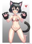  1girl absurdres animal_ears areola_slip areolae bikini black_bikini black_hair blue_eyes breasts cat_ears cat_tail commentary eyebrows_visible_through_hair fake_animal_ears fake_tail full_body heart highres kaban_(kemono_friends) kemono_friends medium_breasts micro_bikini navel nervous_smile neukkom shiny shiny_skin short_hair solo speech_bubble spoken_heart swimsuit tail twitter_username 