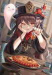  1girl ;p bangs black_headwear blush breasts brown_coat brown_hair coat dutch_angle flower flower-shaped_pupils food genshin_impact ghost hair_between_eyes hand_on_own_cheek hand_on_own_face hat hat_flower holding holding_spoon hu_tao_(genshin_impact) indoors jewelry long_hair long_sleeves looking_at_viewer nail_polish one_eye_closed plate plum_blossoms red_eyes red_flower red_nails ring silence_girl small_breasts smile solo spoon symbol-shaped_pupils table tongue tongue_out twintails very_long_hair wide_sleeves 