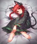  1girl :&gt; animal_ears asrielchu barefoot black_bow bow braid cat_ears cat_tail commentary_request dress feet frilled_dress frilled_sleeves frills green_dress hair_bow highres juliet_sleeves kaenbyou_rin long_hair long_sleeves looking_at_viewer lying multiple_tails nekomata on_bed pillow puffy_sleeves red_eyes red_hair smile tail touhou twin_braids 
