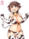  1girl alternate_costume animal_ears animal_print artist_logo bikini breasts brown_hair clenched_hands commentary_request cow_ears cow_horns cow_print cow_tail cowboy_shot dated fake_animal_ears fake_horns flipped_hair gloves grey_eyes hiei_(kancolle) horns kanon_(kurogane_knights) kantai_collection large_breasts one-hour_drawing_challenge open_mouth short_hair simple_background smile solo swimsuit tail thighhighs white_background white_bikini white_gloves white_legwear 