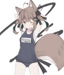  1girl ;3 ahoge animal_ear_fluff animal_ears armpits arms_behind_head arms_up ass_visible_through_thighs bangs bare_shoulders black_ribbon black_swimsuit blush breasts brown_eyes brown_hair closed_mouth clothes_writing commentary_request eyebrows_visible_through_hair fang fang_out green_hair hair_ornament hair_ribbon hairclip heart_ahoge looking_at_viewer milestone_celebration multicolored_hair old_school_swimsuit one-piece_swimsuit one_eye_closed original ribbon risu_(ritharte) school_swimsuit small_breasts smile solo standing swimsuit tail two-tone_hair white_background x_hair_ornament 