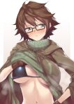  1girl aussa blush breasts brown_cloak brown_eyes brown_hair brown_ribbon cloak closed_mouth duel_monster glasses green_sweater highres large_breasts lifted_by_self looking_at_viewer messy_hair navel neck_ribbon nukkoru ribbed_sweater ribbon short_hair simple_background solo steaming_body sweat sweater turtleneck turtleneck_sweater upper_body yu-gi-oh! 