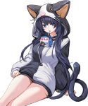  1girl animal_hood arknights arm_support black_hair blaze_(arknights) blue_eyes blush bottle breasts cat_girl cat_hood cat_tail chaji_h commentary_request drawstring drinking eyebrows_behind_hair feet_out_of_frame hairband hood hood_up large_breasts leaning_back long_hair long_sleeves looking_at_viewer milk_bottle no_pants official_alternate_costume open_mouth red_hairband simple_background sitting solo tail thighs two-tone_hoodie very_long_hair white_background 