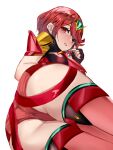  1girl armor ass ass_focus aw999555 black_gloves blush breasts fingerless_gloves gloves highres large_breasts looking_at_viewer lying nose_blush on_side parted_lips pointing pointing_at_self pyra_(xenoblade) red_eyes red_hair red_legwear red_shorts short_hair short_shorts shorts shoulder_armor simple_background smile solo thighhighs tiara white_background xenoblade_chronicles_(series) xenoblade_chronicles_2 