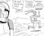  1boy 1girl armor bb_(baalbuddy) clone_trooper dashing english_text fleeing greyscale gun helmet highres monochrome running simple_background speech_bubble star_wars twi&#039;lek weapon 