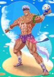  1boy abs bandaged_leg bandages bara bodypaint bulge character_print cyuss_warren dark-skinned_male dark_skin feather_necklace full_body grin jewelry large_pectorals male_focus mature_male mikura0317 muscular muscular_male navel navel_hair necklace nipples pectorals print_male_swimwear purple_headband purple_male_swimwear short_hair sideburns silver_hair smile solo star_ocean star_ocean_first_departure stomach tail tattoo thick_thighs thighs topless_male tribal veins volleyball 