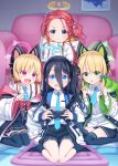 4girls :d :o arisu_(blue_archive) bangs black_hair black_legwear black_skirt blonde_hair blue_archive blue_bow blue_eyes blue_necktie blush bow braid clenched_hands closed_mouth collared_shirt commentary_request couch dress_shirt eyebrows_visible_through_hair forehead green_eyes hair_between_eyes hair_bow halo hands_up harada_(sansei_rain) highres hood hood_down hooded_jacket indoors jacket long_hair midori_(blue_archive) momoi_(blue_archive) multiple_girls necktie no_shoes notice_lines off_shoulder one_side_up open_clothes open_jacket parted_bangs parted_lips pleated_skirt pointing red_bow red_eyes red_hair ribbed_legwear shirt sitting skirt smile socks thighhighs v-shaped_eyebrows very_long_hair wariza wavy_mouth white_jacket white_shirt wide_sleeves yuzu_(blue_archive) 