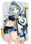  1girl alternate_costume backpack bag bangs bike_shorts black_shorts black_sports_bra blue_eyes blue_hair cowboy_shot crowbar green_bag hair_bobbles hair_ornament highres hood hood_up kawashiro_nitori long_hair midriff navel open_mouth rain raincoat shorts solo sports_bra touhou u_u_zan 