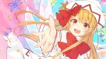  1girl blonde_hair bow bowtie capelet commentary danmaku dress dutch_angle fairy fairy_wings flower happy hat hat_bow highres lily_white long_hair open_mouth orange_eyes red_bow red_bowtie red_neckwear solanikieru touhou upper_body very_long_hair white_capelet white_dress white_headwear wide_sleeves wings 