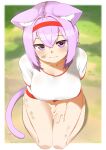  1girl absurdres ahoge animal_ear_fluff animal_ears bangs bare_legs between_legs blush breasts buruma cat_ears cat_girl cat_tail closed_mouth collarbone commentary_request dirty dirty_face eyebrows_visible_through_hair from_above full_body hair_between_eyes hairband hand_between_legs hand_on_own_thigh highres hololive large_breasts nekomata_okayu purple_eyes purple_hair red_buruma red_hairband shirousagi_(sirousagi0501) shirt short_hair sitting solo sweat tail virtual_youtuber wariza white_shirt 