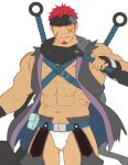  1boy abs ass_visible_through_thighs bara bare_shoulders black_headband bulge cape character_name chest_belt chest_harness clothing_cutout crotchless crotchless_pants crow_(siranui) facial_hair feet_out_of_frame fishnet_top fishnets flat_color full_body fundoshi goatee green_eyes grey_pants gyee harness headband highres hip_vent japanese_clothes kunai large_pectorals looking_at_viewer male_focus male_underwear mature_male muscular muscular_male musso_(gyee) navel navel_hair nipples oversized_object pants pectorals red_hair scar scar_on_cheek scar_on_chest scar_on_face short_hair sideburns sidepec solo standing stomach thick_thighs thigh_cutout thighs topless_male torn_clothes underwear weapon white_male_underwear 