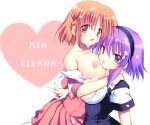  2girls :d areolae bangs black_hairband blue_eyes braid breasts breasts_outside buttons character_name dress eyebrows_visible_through_hair fukai_ni_nemuru_oujo_no_abaddon hairband heart large_breasts looking_at_viewer mizuishi_rikana multiple_girls nipples nnmi11 open_clothes orange_hair pink_dress pink_eyes pleated_dress pulque purple_hair short_hair short_sleeves smile suggestive_fluid suzumori_mia unbuttoned yuri 
