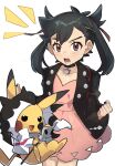  1boy ash_ketchum bangs black_hair black_jacket black_nails blush brown_eyes clenched_hands commentary_request cosplay crossdressing dress eyelashes hair_ribbon highres jacket long_hair male_focus marnie_(pokemon) marnie_(pokemon)_(cosplay) microphone_stand nail_polish open_clothes open_jacket open_mouth ou_negi piers_(pokemon) piers_(pokemon)_(cosplay) pink_dress pokemon pokemon_(anime) pokemon_swsh_(anime) red_ribbon ribbon sweat teeth tongue twintails 