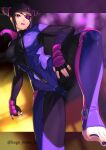  1girl absurdres bangs bodysuit breasts drill_hair eyepatch feet han_juri highres kagematsuri large_breasts legs licking_lips long_hair looking_at_viewer open_mouth purple_bodysuit solo street_fighter street_fighter_v toes tongue tongue_out twin_drills zipper 