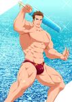  1boy abs bara biceps brown_hair bulge carrying_over_shoulder feet_out_of_frame large_pectorals looking_at_viewer male_focus male_swimwear mikura0317 muscular muscular_male navel nipples original pectorals red_male_swimwear scar short_hair sideburns smile solo spiked_hair stomach swim_briefs swimsuit thick_thighs thighs topless_male 