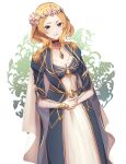  1girl absurdres blonde_hair blue_dress blue_eyes braid breasts cleavage commission commissioner_upload crown dress fire_emblem fire_emblem_warriors flower hair_flower hair_ornament hairpin highres jewelry lianna_(fire_emblem) long_sleeves necklace pendant queen re_gatchaman royal royal_robe short_hair solo sunflower sunflower_hair_ornament 
