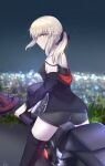  absurdres artoria_pendragon_(fate) back bangs blonde_hair boots eyebrows_behind_hair eyebrows_visible_through_hair fate/grand_order fate_(series) ground_vehicle highres holding holding_sword holding_weapon jacket jet_black_king_of_knights_ver._shinjuku_1999 long_hair looking_at_viewer looking_back motor_vehicle motorcycle night night_sky ponytail riding saber_alter short_hair sii_artatm sky sword weapon yellow_eyes 